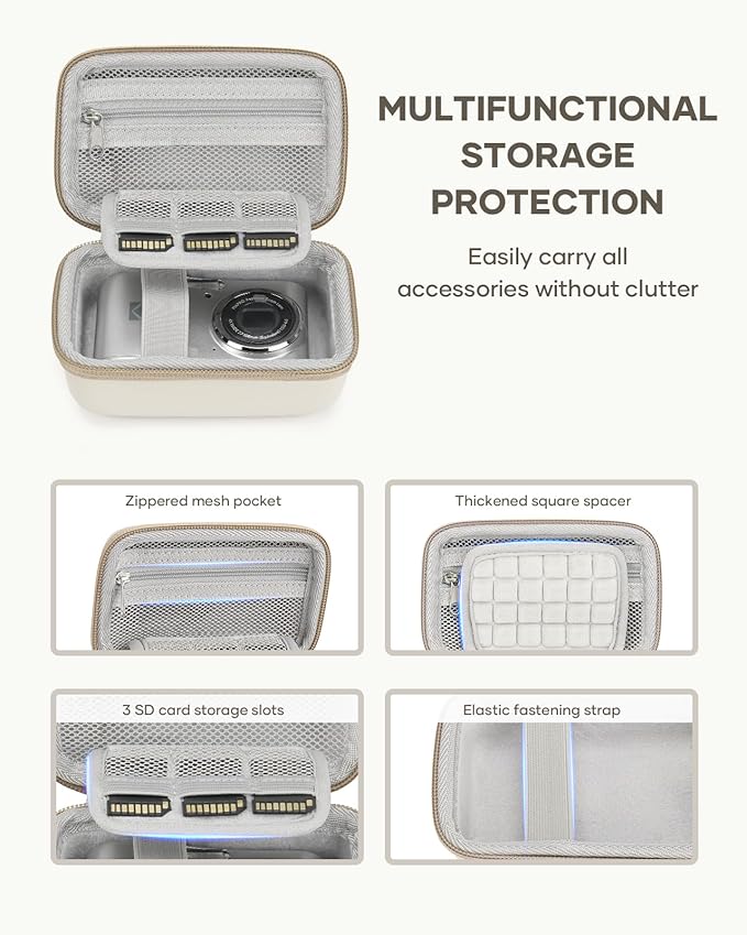 Digital Camera Case Fit for KODAK PIXPRO FZ45/FZ55/ CAMKORY/STUOGYUM DC402-AF/Canon IXUS, Storage Travel Carry Case with 3 SD Card Slots for Camera, Batteries, SD Card, Beige