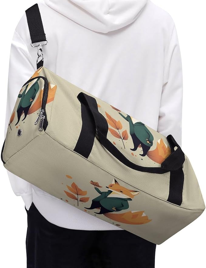 Oxford Cloth A Cartoon Fox Gym Bag,Duffle Bag with Shoes Compartment And Adjustable Shoulder Straps，Weekender Bags for Men Women.