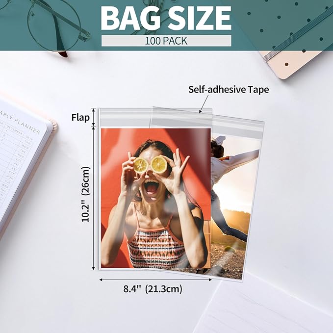 ZBEIVAN 100 Pack 8 3/8" x 10 1/4" Acid-Free Crystal Clear Sleeves Storage Bags for 8x10 Art Prints, Photo Framing Mats, and Craft Wrapping