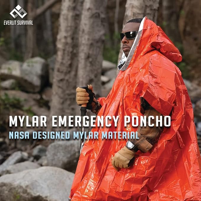 Everlit Survival Rain Poncho Emergency Mylar Space Blanket Camping Gear-Retain 90% of Body Heat Survival Gear for Survival Kits Camping Supplies Emergency Blankets