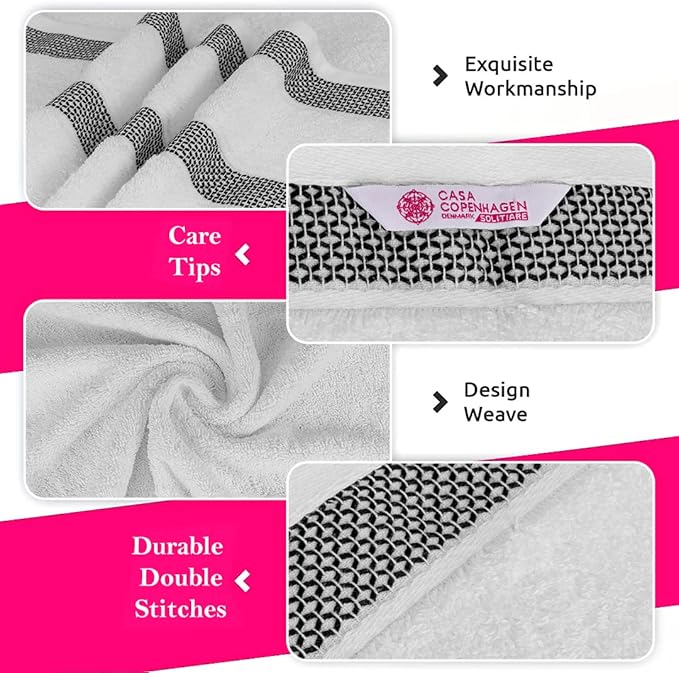CASA COPENHAGEN Solitaire 6Pcs 100% Egyptian Cotton Large Designer Towels Gift Set- Bright White, 600GSM, 2Bath 2Hand 2Washcloths, Bath Towels for Bathroom Set for Women & Men