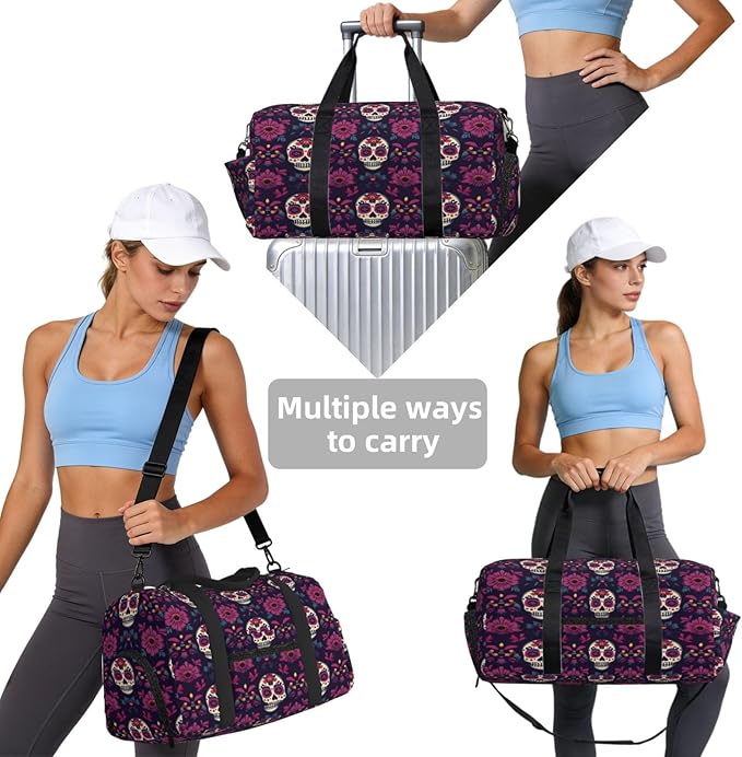 Sports Gym Bag Mexican Sugar Skulls Ethnic Flower Travel Duffel Bag With Shoe Compartment Shoulder Strap, Lightweight Water-Resistant Weekend Overnight Totes For Women Men