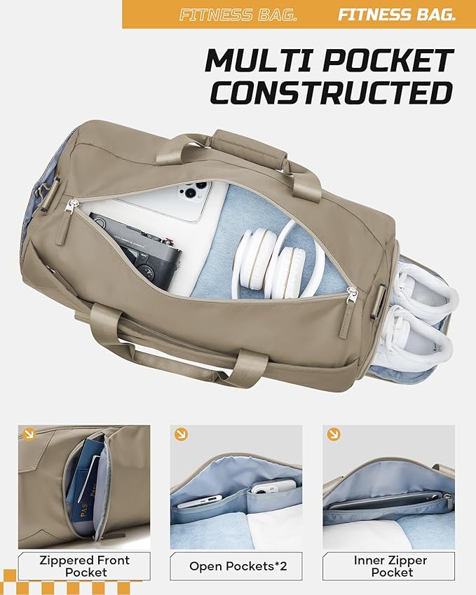 Gym Bag for Women And Mens with Shoe Compartment, Large Duffle Bag with Wet Pocket Carry-on Gym Duffle Bag for Travel and Sports Weekender Overnight Workout Bag Brown