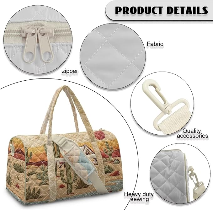 COEQINE Cactus Quilted Gym Bag For Women Sport Quilted Tote Bag For Women Brown Desert Cactus Camper Large Car Themed Crossbody Bags for Women,Shoulder Bag with Detachable Strap