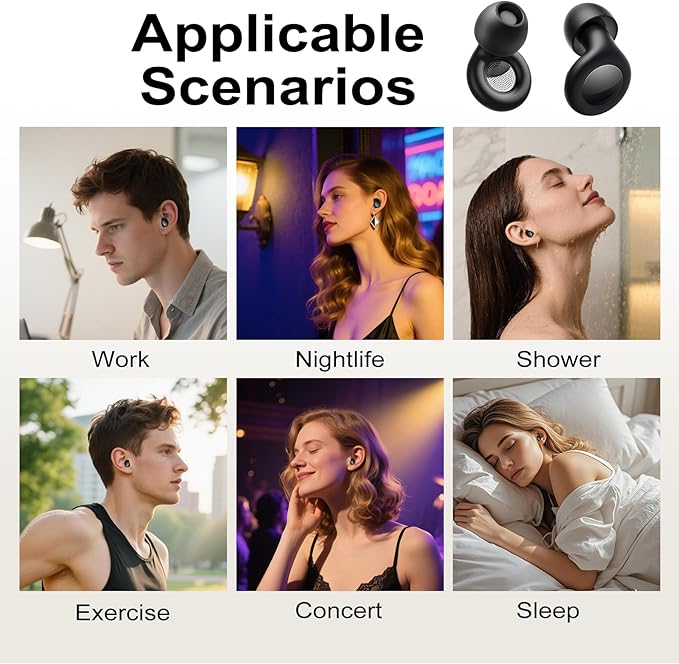 Adhiper Ear Plugs,Silicone Noise-Reducing Earplugs for Sleep,Travel,Concerts,Shooting Guns,Work,DJs,Nightlife,Swimming,Surfing,Snorkeling,Showering,Water Pool,Beach,Ocean,Sports(Black)