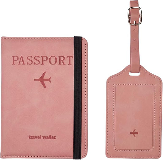 Luggage Tag and Passport Holder Set,Passport Cover with Card Slot and Boarding Pass Slot Combo,Passport Travel Must Have, Waterproof and Scratch Resistant Travel Accessories（Pink）