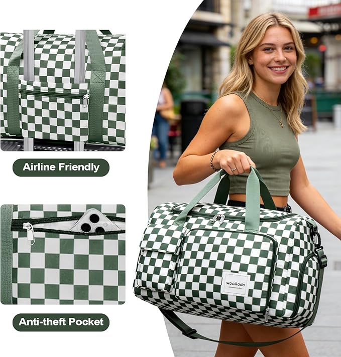 WOOMADA Foldable Travel Duffel Bag for Women, Weekender Bags with Shoes Compartment,Overnight Bag with Wet Pocket & Trolley Sleeve(green checkerboard)