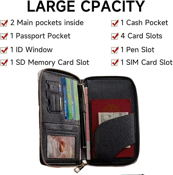 Multi-Functional Passport Holder Cover with Purse Charms,Premium Travel Wallet RFID Blocking Passport Cover Card Case for Holds Phones, Passports, Cash, Cards & Boarding Passes-Black