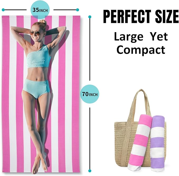 cabanana Large Oversized Beach Towel - Microfiber Sand Free 35 x 70 Inch Quick Dry Lightweight Pool Towel for Adults, Thin Striped Swim Towel (Pink White)