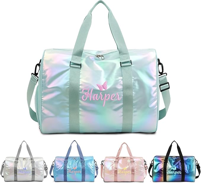 Personalized Dance Duffle Bag for Girls with Embroidered Name Custom Travel Duffle Sport Gym Bag for Women Cheerleading Weekender Overnight Luggage Bag with Shoe Compartment Customized Gifts Green