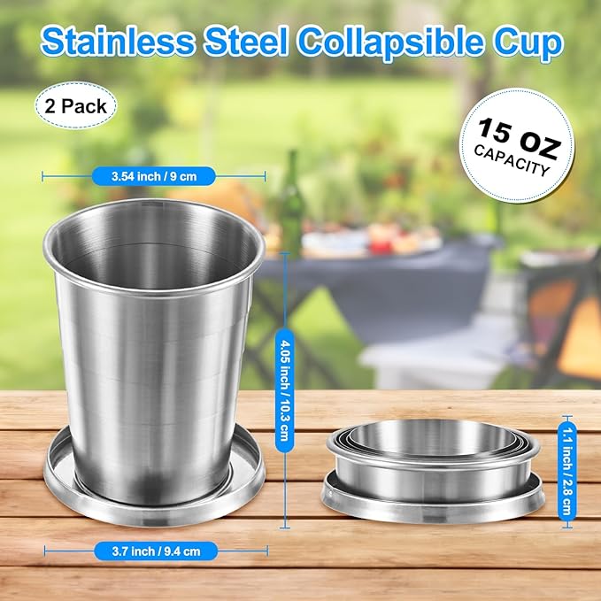 2 Pack Stainless Steel Collapsible Travel Cup, 15oz(450ml) Reusable Collapsible Metal Cup Portable Foldable Water Bottle with Lid and Keychain for Travel/Camping/Hiking
