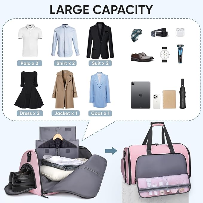 BALEINE Convertible Travel Garment Bag, Travel Suit Bag for Men, 2 in 1 Carry on Garment Bag for Hanging Clothes, Garment Duffel Bag for Travel Business (Pink)