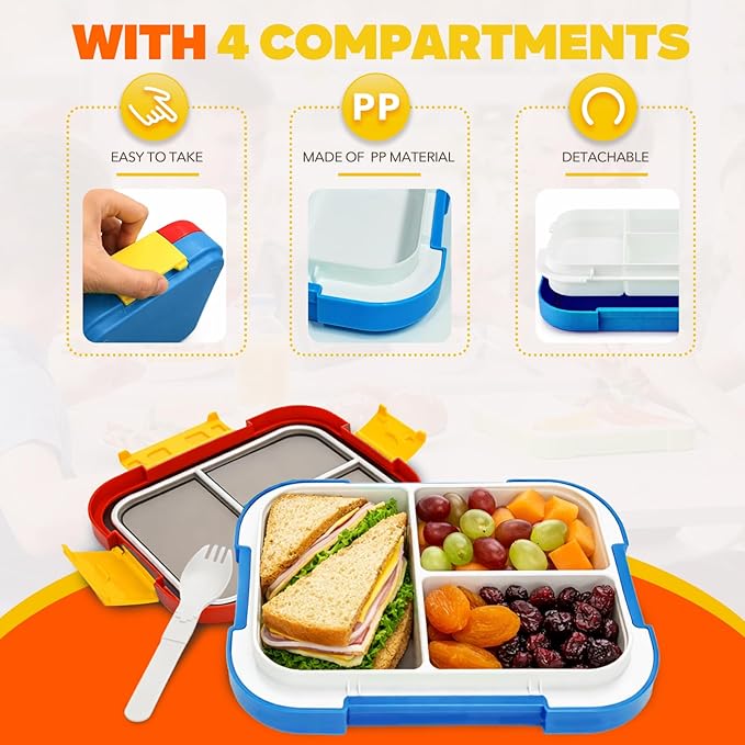 EASYFUN Bento Box Adult, Lunch Box, 4-Compartment Lunch Containers, Drop-Proof, Dishwasher Safe & Made with BPA-Free Materials (Red blue)