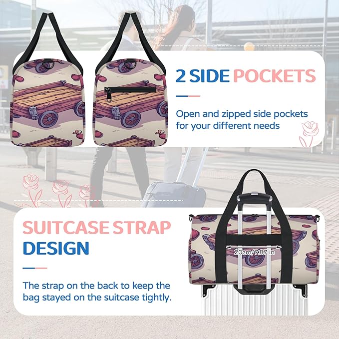 wooden Cart Travel Duffle Bag for Women Men, Overnight Weekender Bag, Carry on Tote for Sport Gym