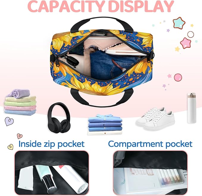 Abstract Floral Sunflower Travel Duffle Bag for Women Men, Overnight Weekender Bag, Carry on Tote for Sport Gym