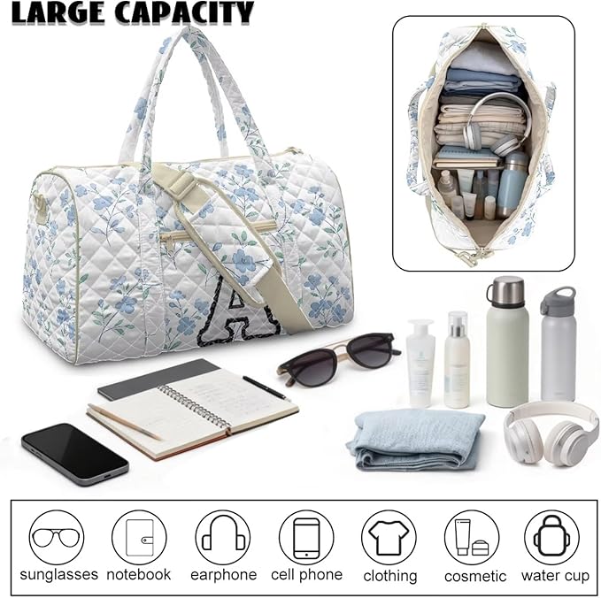 COEQINE Blue Floral Duffle Bag Quilted Tote Bag For Women Medium Personal Item Travel Bag Initial Name A-Z Toiletry Bag Weekender Overnight for Workout