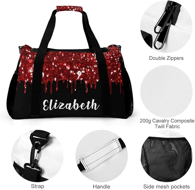 Red Sequin Maroon Black Glitter Print Handheld Crossbody Travel Bag Customized Duffel Bags with Adjustable Shoulder Strap for Shoes Travel Bag Personalized Gift