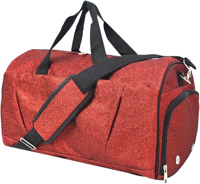 NGIL Glitter Cheers Sports Gym Duffel with Shoe Compartment and Small Carry on Travel Tote Bags for Women, Gym bag, Overnight bags for Women, Cheer Bag (Glitter-Red)