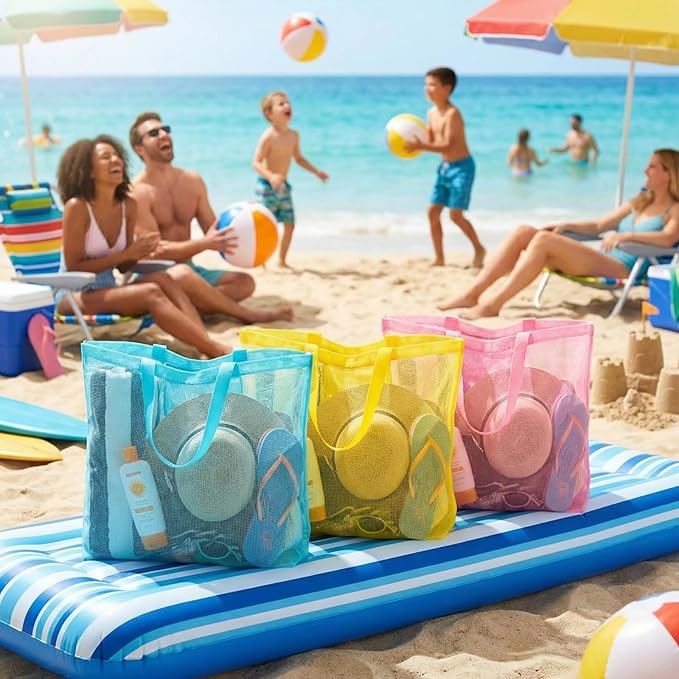 3 Pcs Mesh Beach Bags Portable Mesh Shower Beach Toy Bag With Drawstring Extra Large Tote Hanging Toiletry Bath Organizer for Camping Swimming Gym Travel