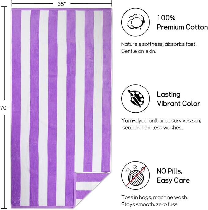 cabanana Large Oversized Beach Towel - 35 x 70 Inch Cotton Pool Towel, Purple Striped Soft Cabana Swim Towel