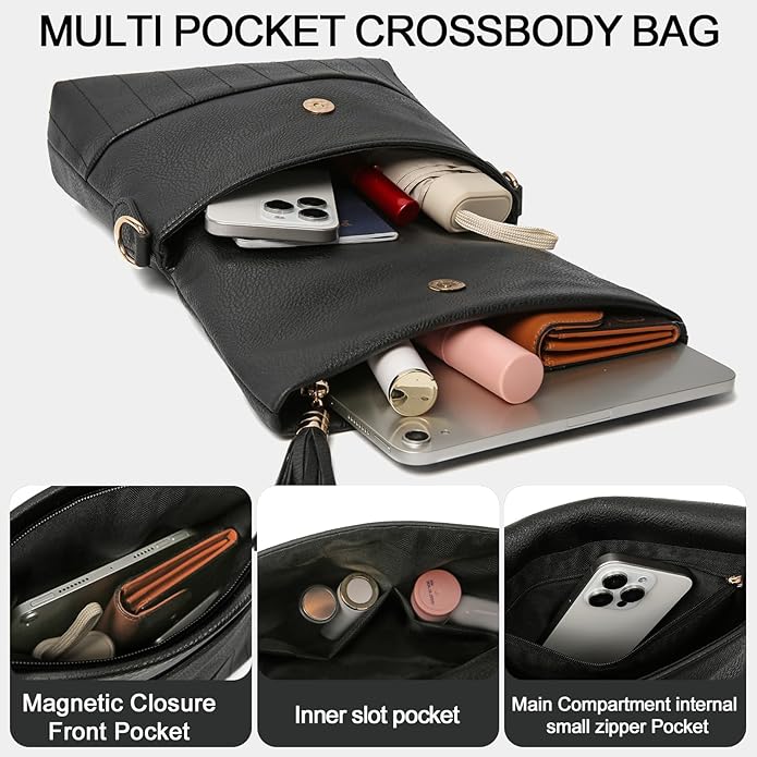 Women's Leather Crossbody Bags Anti Theft Purses RFID Blocking Handbags Trendy Travel Adjustable Strap Tassel