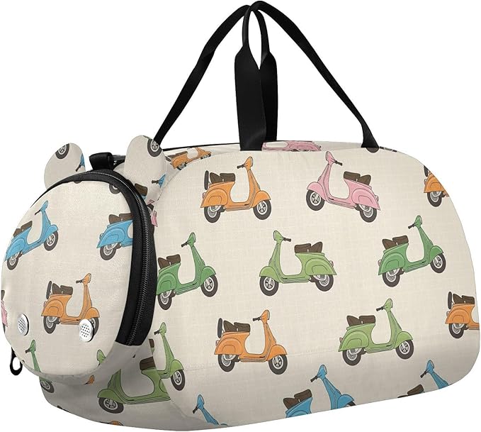VIGTRO Colorful Scooters Beige Pattern Kids Overnight Travel Duffel Bag Sport Gym Bag for Boys Girls with Shoe Compartment, Carry On Weekender Luggage Bag for Dance Swim Yoga