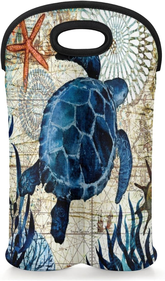 Vintage Sea Turtle 2 Bottle Wine Carrier Tote Bag Insulated Neoprene Portable Wine Cooler for Travel Picnic Beach
