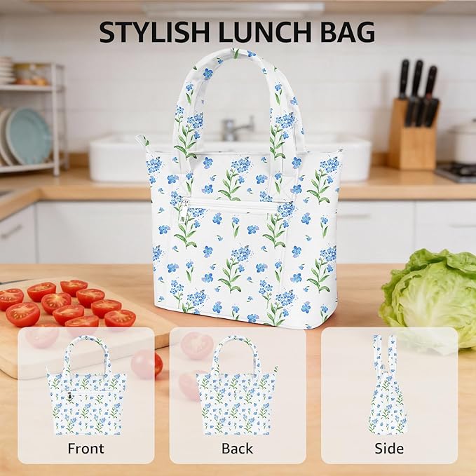 Tote Lunch Bag Women Stylish Quilted Lunch Boxes for Adult Fit and Fresh Cooler Insulated Lunchbox for Work Large 10 Liters Cute Compact Lunchbag Waterproof Blue Floral