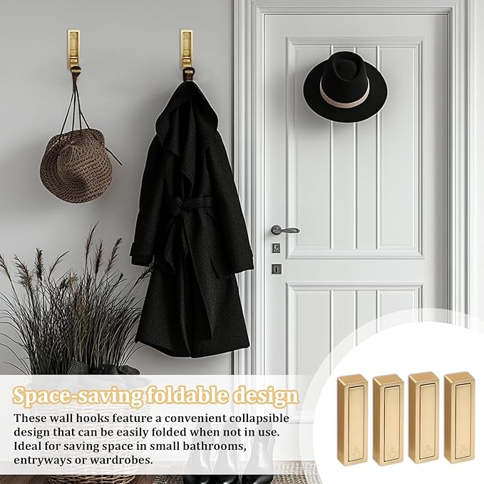 4pack Gold Foldable Wall Hooks, Folding Coat Hooks Wall Mounted, Foldable Plant Hanger, Gold Coat Rack Wall Mount (4, Square)