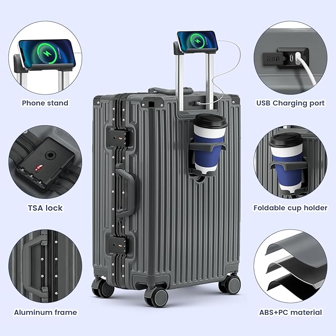 Carry On Luggage, 24 Inch Zipperless Luggage, Aluminum Frame Hardside Suitcase with TSA Lock, Spinner Wheels, Phone Holder, Charging Port, Cup Holder for Lightweight Travel, Grey
