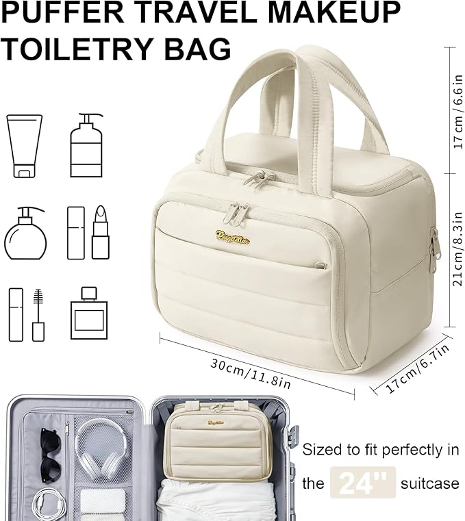 Travel Toiletry Bag for Women, Lightweight Large Quilted Puffy Makeup Bag Wide-open Make up Organizer Cloud Cosmetic Bag w/Handle for Traveling Toiletries, Essentials, Accessories, Beige