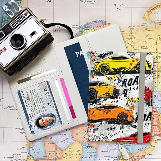 PU Leather Passport Holder Cover 5.9×4.3 Inch with Credit Card Slot and Boarding Pass Slot Combo Blocking Passport Holder Wallet Cover Case for Travel Boarding Essentials (Racing Car)
