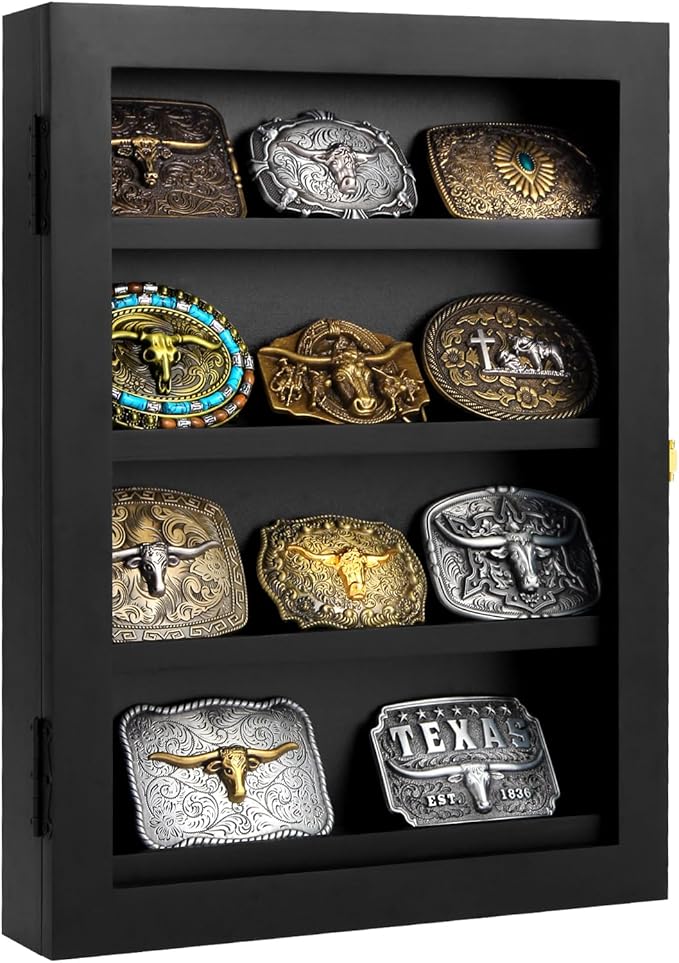 3" Belt Buckle Display Case 16×12 Black Shadow Box with Glass Door – Wall-Mounted Belt Buckle Holder & Display Frame for Collectibles – Home Décor Picture Frame (For belt buckles under 3" in height only)
