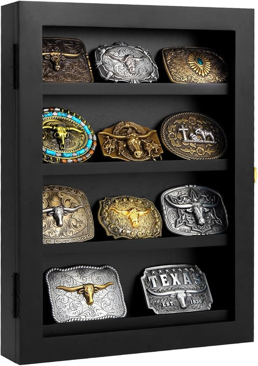 3" Belt Buckle Display Case 16×12 Black Shadow Box with Glass Door – Wall-Mounted Belt Buckle Holder & Display Frame for Collectibles – Home Décor Picture Frame (For belt buckles under 3" in height only)