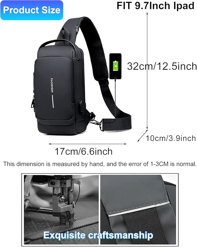 Sling Bag for Men Anti-Theft USB Crossbody Backpack Waterproof Chest Daypack | Anti-Theft, USB, Waterproof