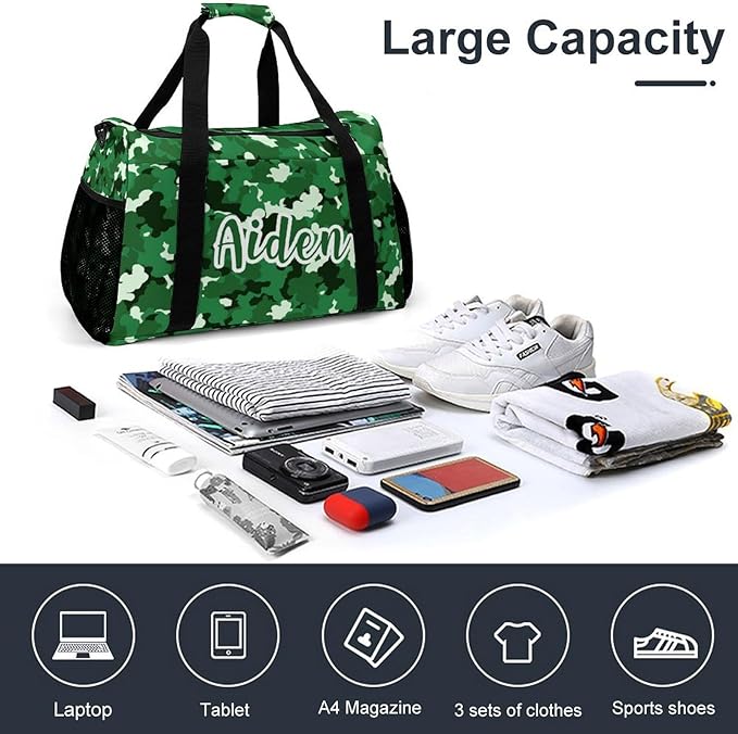 Camouflage Camo Green Pattern Duffle Bag for Men Women, Personalized Custom Name Text Crossbody Bags, Travel Sport Gym Perform Training Gym Bag