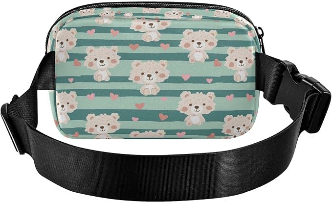 Kawaii Teddy Bears Green Stripe Fanny Pack for Women Men Water Resistant Fashion Waist Packs with Adjustable Strap Belt Bag for Travel Workout Jogging Hiking 21219329