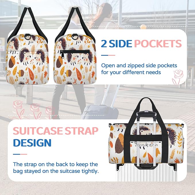 Acorns Hedgehog Travel Duffle Bag for Men Women, Lightweight Sport Gym Bag Tote Overnight Weekender Carry on Tote