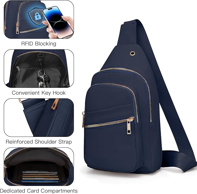 Small RFID Waterproof Travel Crossbody Sling Bags for Women Men, Hands Free Lightweight Sling Backpack Fanny Pack Cross Body Bag for Outdoors Hiking Traveling Fitness Commuting Dark Blue