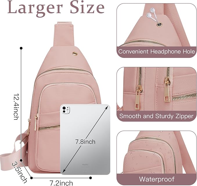 Small RFID Waterproof Travel Crossbody Sling Bags for Women Men, Hands Free Lightweight Sling Backpack Fanny Pack Cross Body Bag for Outdoors Hiking Traveling Fitness Commuting Leisure Pink