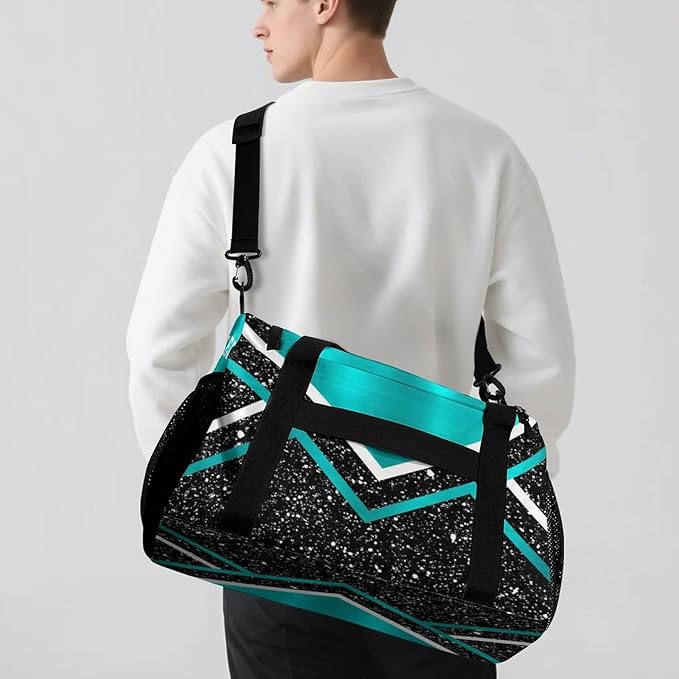 Personalized Name Sports Player Duffel Bags with Adjustable Shoulder Strap for Shoes Cheer Teal Blue Cheerleading Stripes Handheld Crossbody Travel Bag