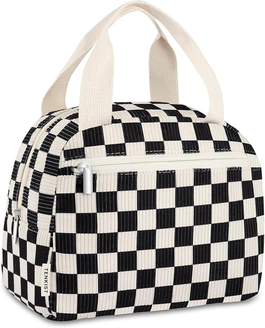 Cute Lunch Box Tote Bag - CoolerCorduroy Insulated Bags for Women - Lightweight Reusable Portable Soft Lunch Pail Kit for Kids Teen Girl Adults Work School Picnic Travel Checkered 8L