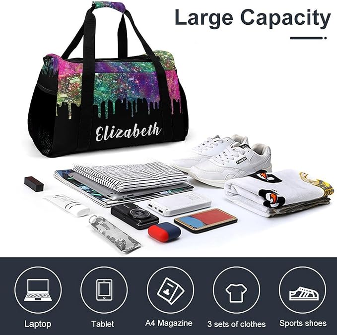 Custom Handheld Crossbody Travel Bag Colorful Black Sequin Glitter Print Lightweight Gym Bags Duffel Bag with Name Adjustable Shoulder Strap Backpacks