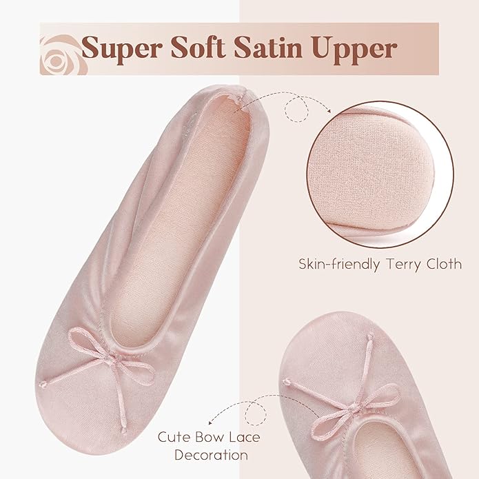 BCTEX COLL Women's Ballerina House Slippers with Bow, Ladies Satin Bedroom Slipper with Suede Sole Indoor