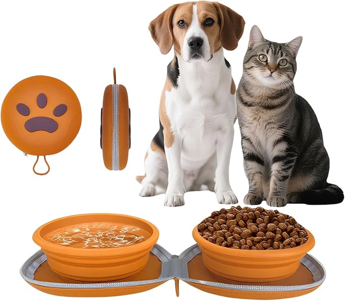 Collapsible 2-in-1 Dog Bowls: Leakproof Double Silicone Food & Water Bowl for Travel, Camping, Hiking - Portable Cat & Dog Feeding Supplies (Brown)