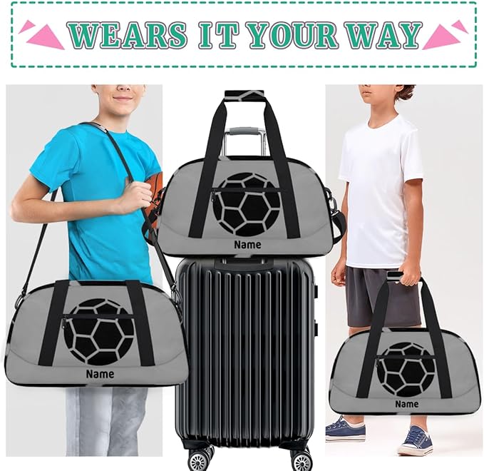 Custom Name Gray Black Soccer Boys Gym Travel Duffle Bag with Front Zipper Pocket Personalizedfor Sports Bag for Overnight, Weekender, Carry On,Workout & Dance, 18.9 * 8.7 * 10.6 in