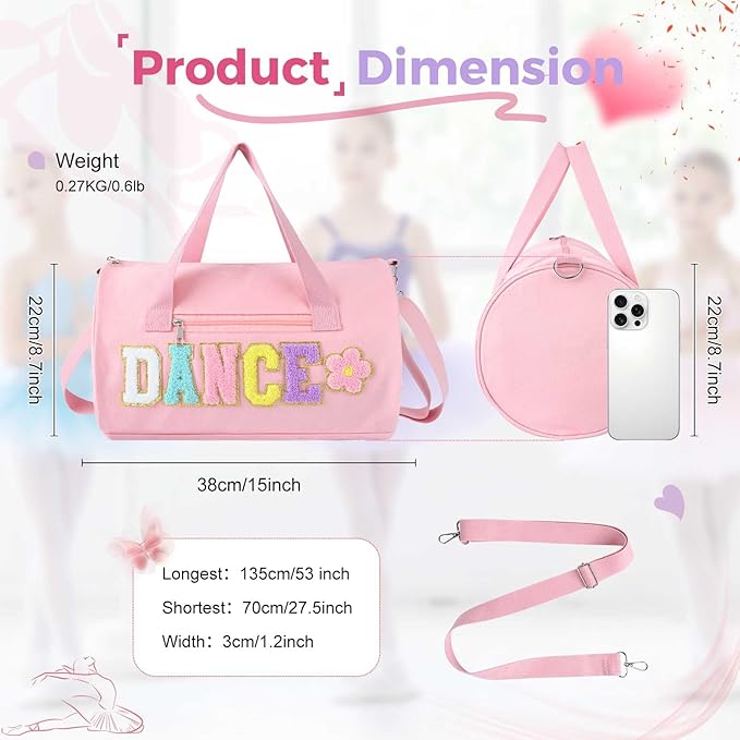 Dance Bag for Girls, KUIRAN 23L Travel Duffel Bag with Colorful Chenille Letter, Lightweight Small Gym Sport Ballet Weekender Bag with Large Main Compartment - Baby Pink