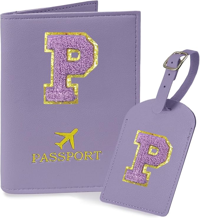 COSHAYSOO Initial Passport Cover Luggage Tag Set Purple Passport Holder, Airplane Cruise Travel Essentials Vacation Traveling Accessories Personalized Gifts for Women Teen College Girls Letter P