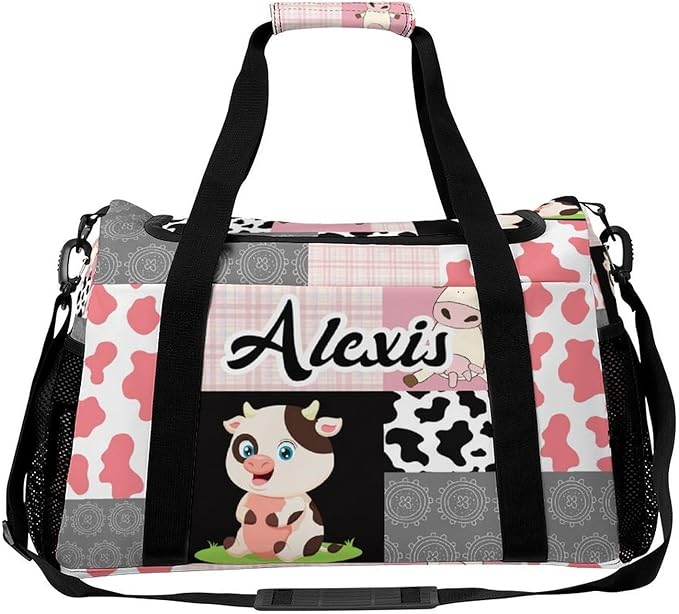 Personalized Pink Grey Patchwork Cow Print Duffle Bag with Adjustable Shoulder Strap Tote Bag for Women Man Workouts Custom Travel Perform Bag
