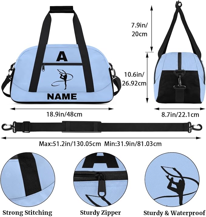 Personalize-Kids-Sports-Duffel-Bags With Custom Name Text Carry-On Overnight Travel Gym Lightweight Dance Pattern Sports Bags For Girls Boys Kids,Sky Blue